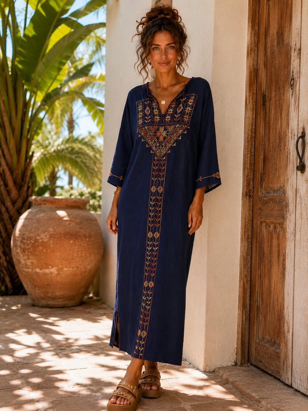 Boho Embroidered Kaftan Maxi Dress Women’s Medium Navy Blue Artisan Style